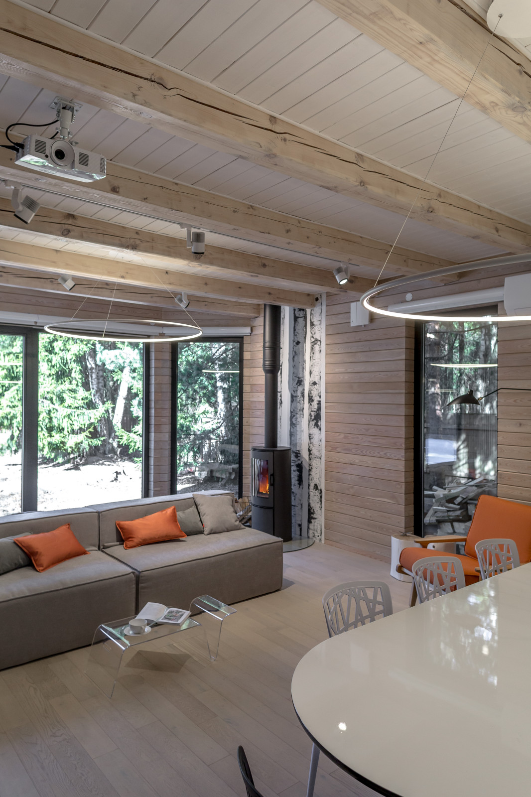 Гостиная с камином и березами