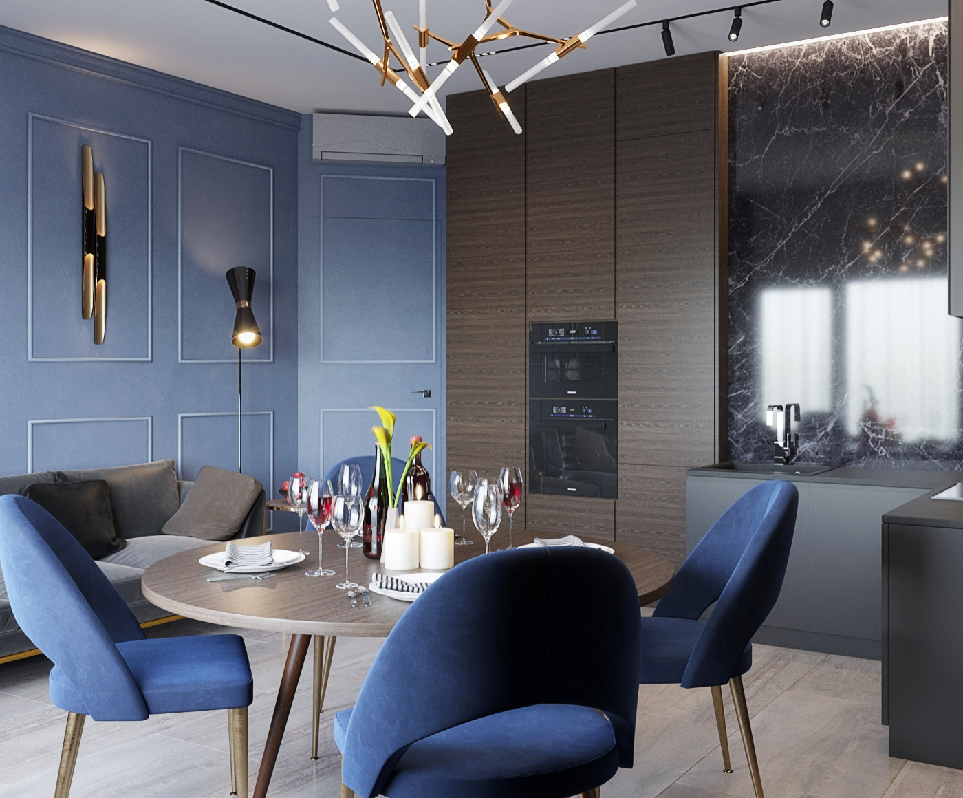 Кухня-столовая в темных тонах