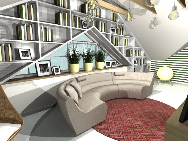 Обложка проекта: гостиная на мансардном этаже с библиотекой