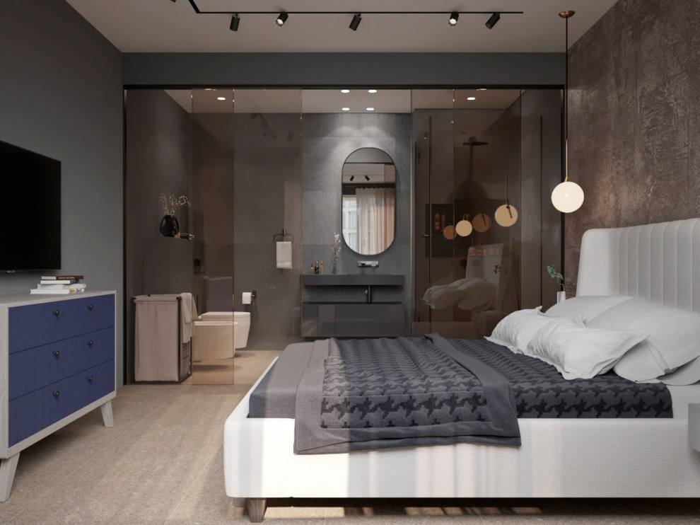 Стильная спальня с ванной за стеклянной перегородкой