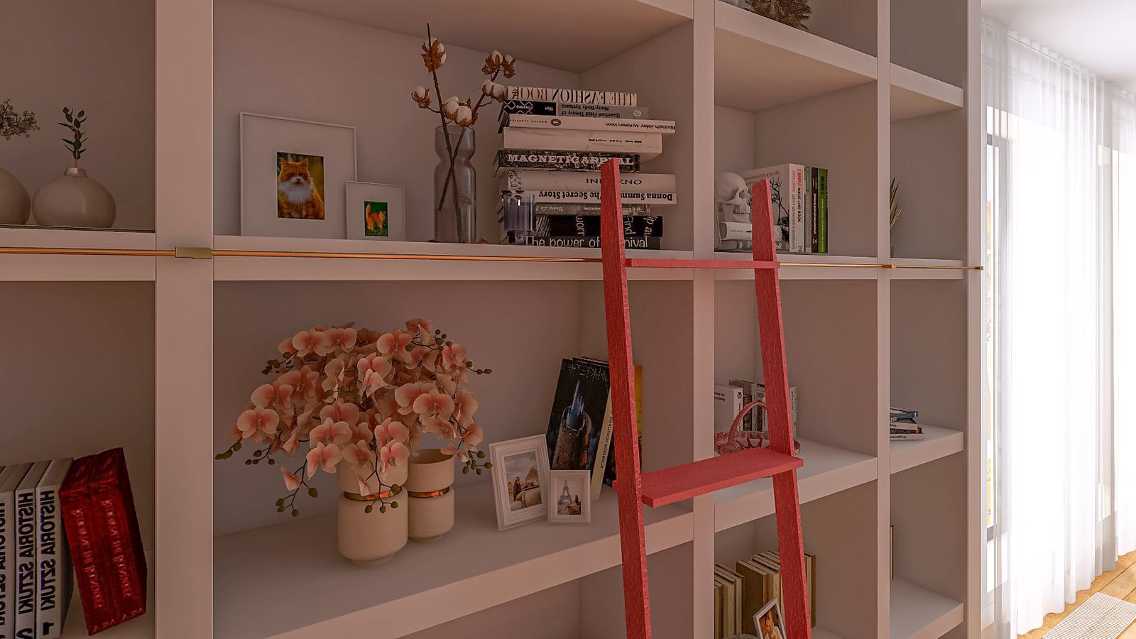 Шкаф хозяйки с книгами, сувенирами из путушествий и фотографиями