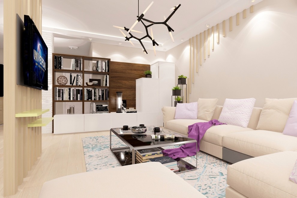 Оформление кухни-гостиной для прекрасной молодой пары.