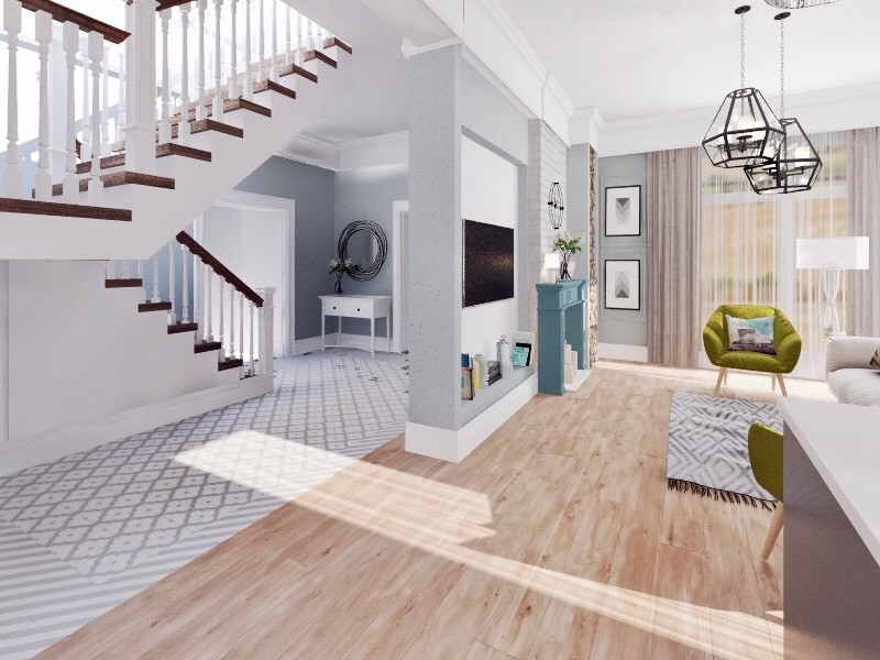 Дизайн гостиной и ванной комнаты в коттедже (Тополиная роща)