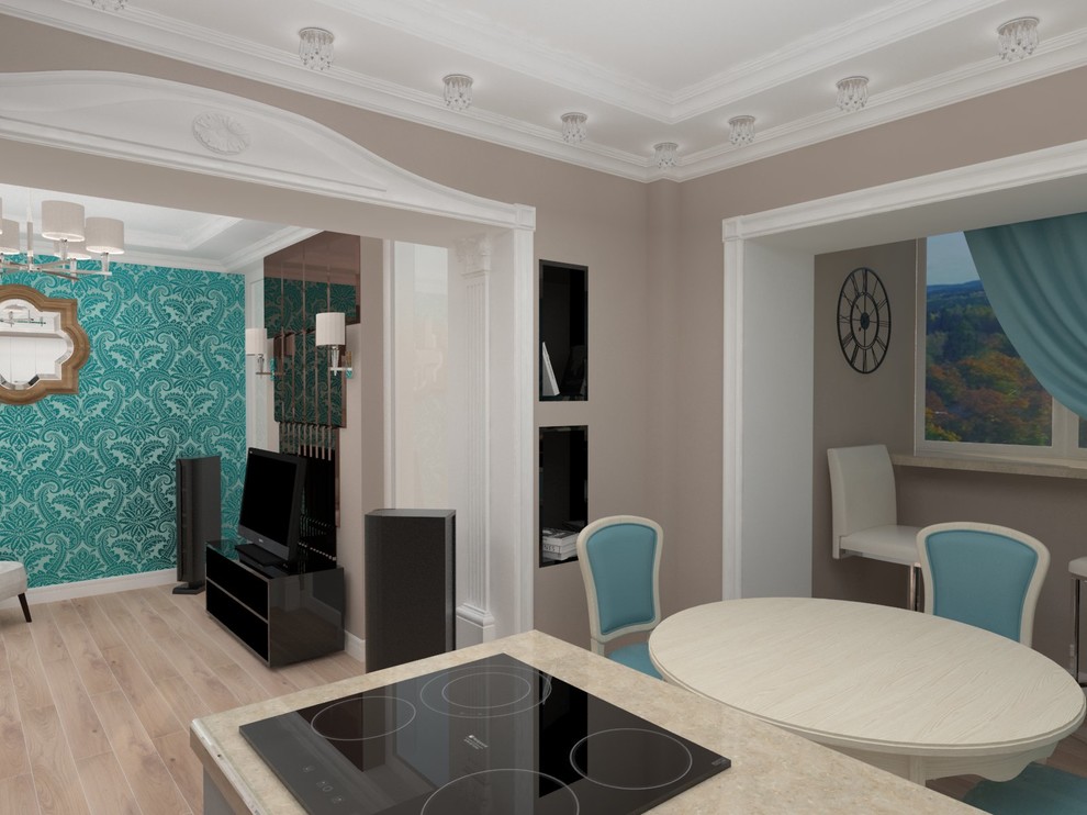 Кухня гостиная с бирюзовыми обоями