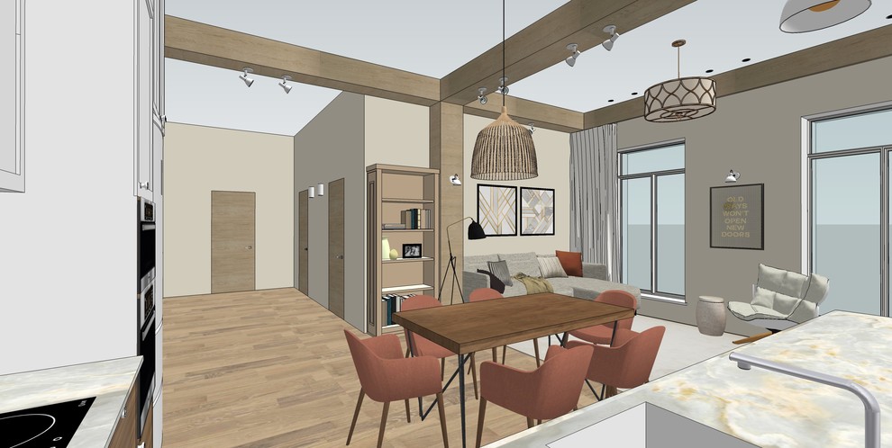 Деревянные балки в современной кухне-гостиной