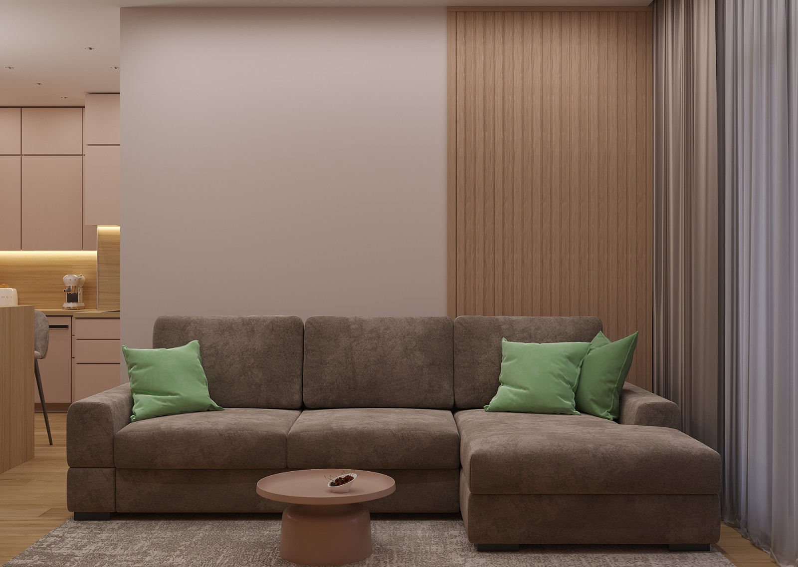 Уютная кухня-гостиная с  вечерним сценарием освещения