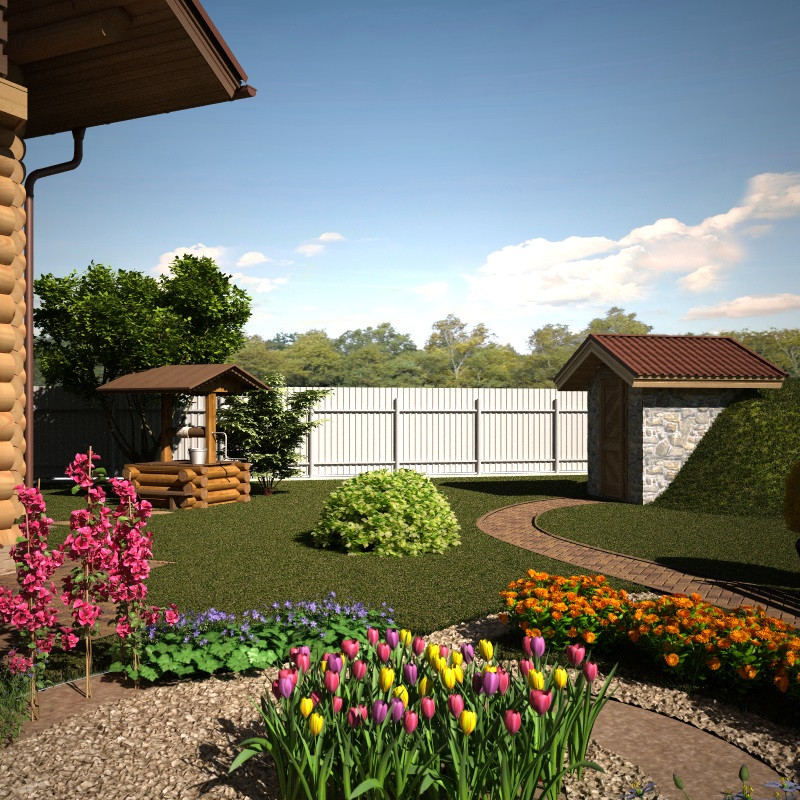 Ландшафтный дизайн для дома из оцилиндрованного бревна