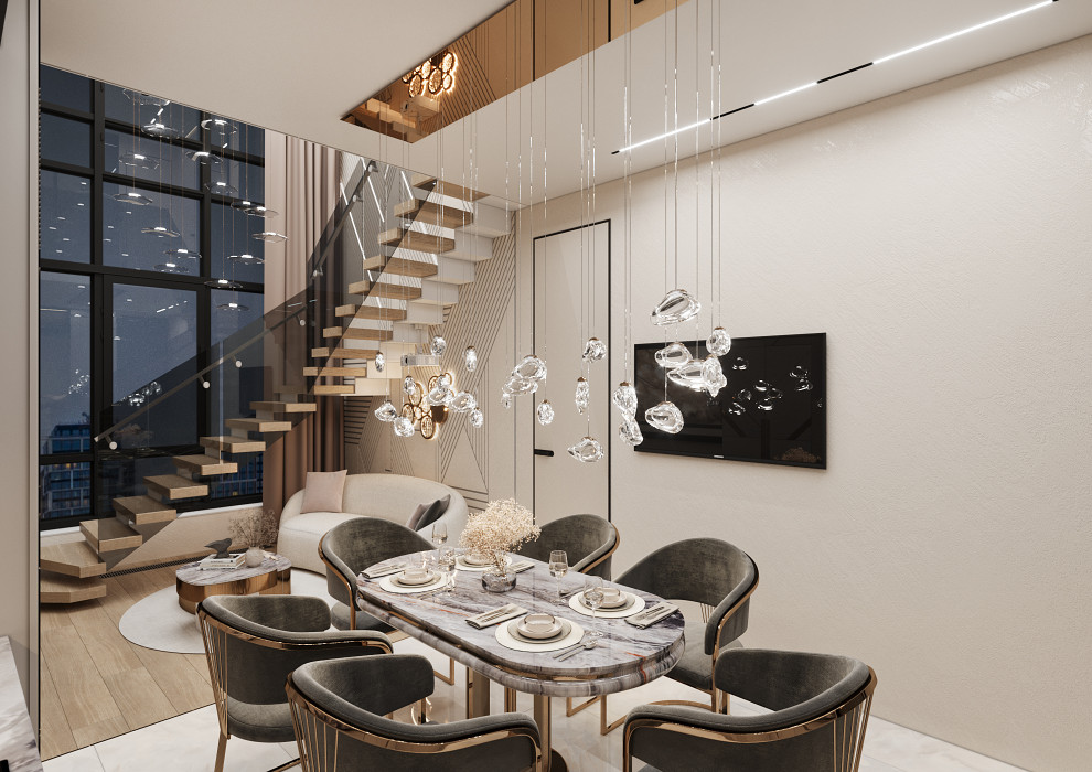 Дизайн кухни-гостиной в двухуровневой квартире в Москве