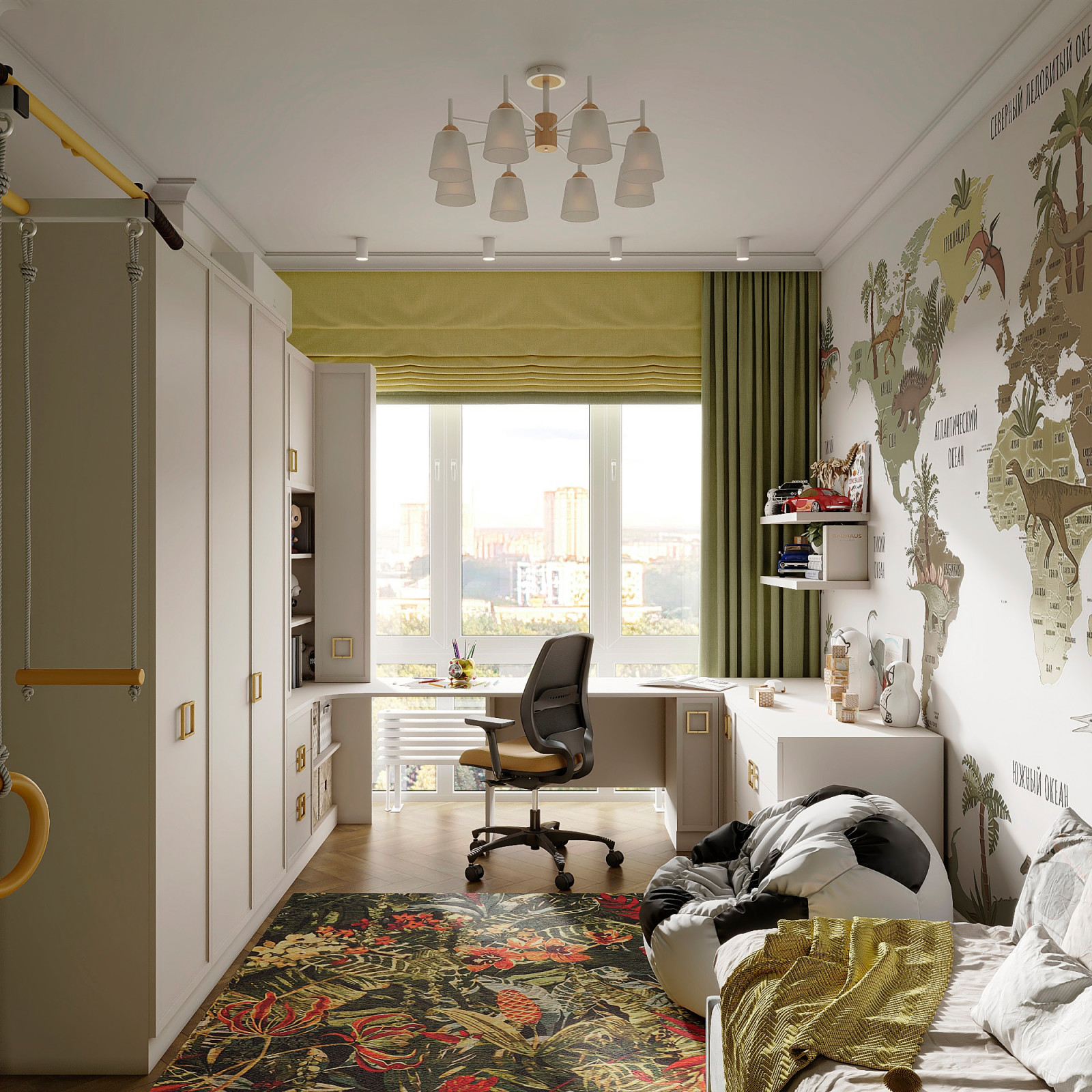 Утонченный проект с использованием разных стилей для семьи с двумя детьми