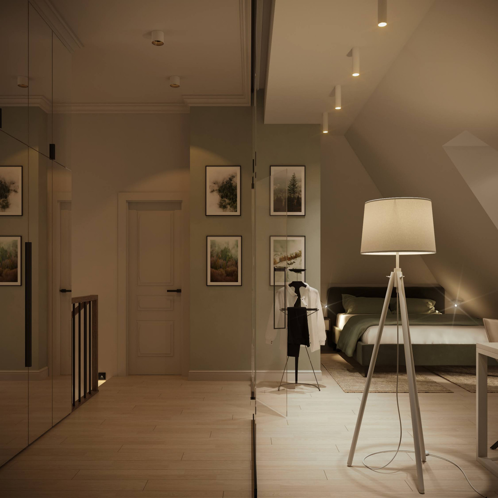 Холл второго этажа и спальня за стеклянной перегородкой