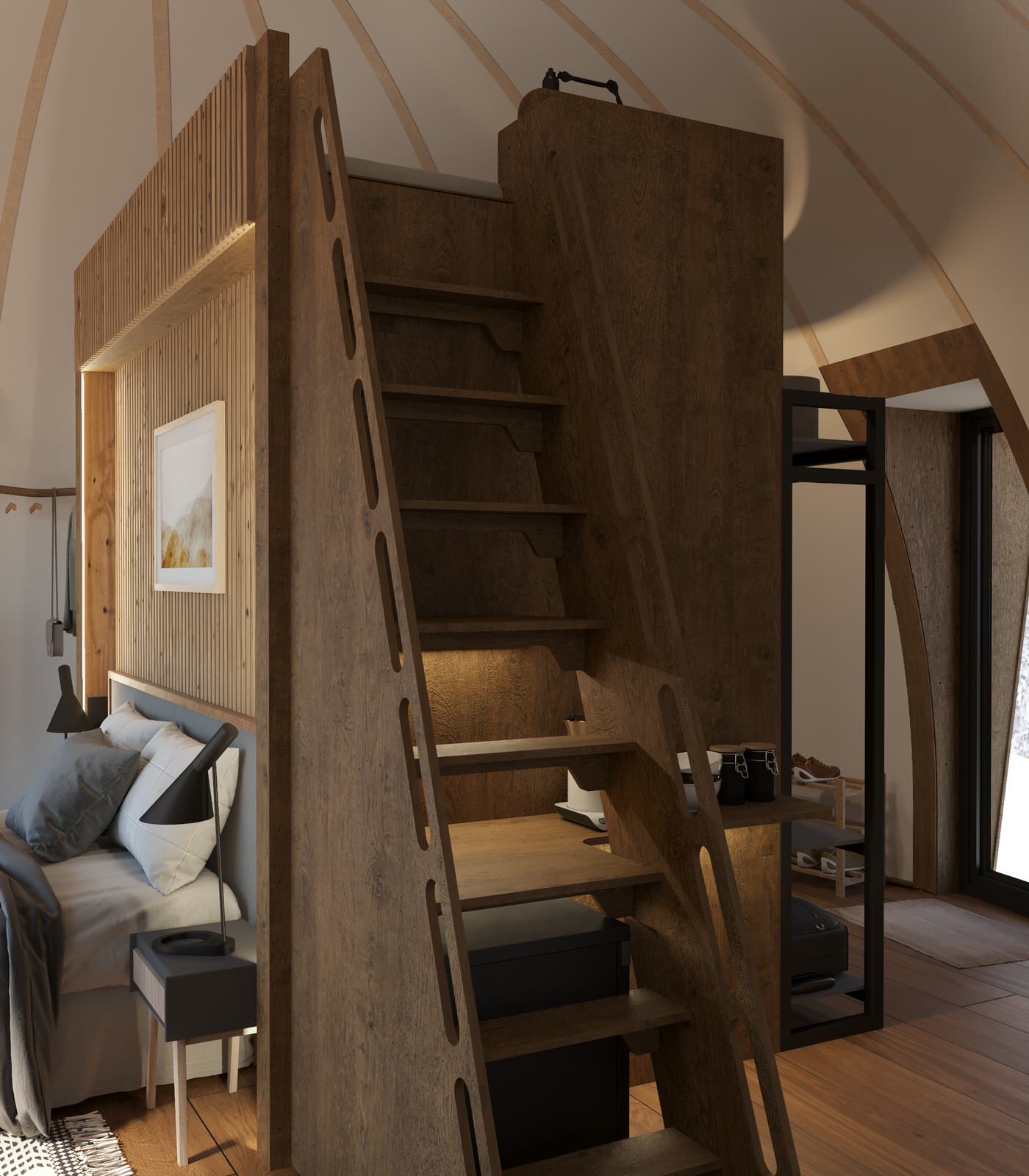 Визуализация интерьера геокупола для Freedome на белом фоне