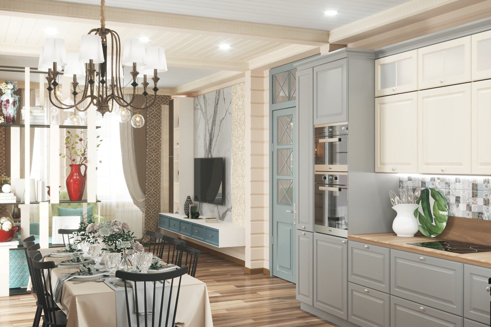 Кухня-гостиная в срубовом доме