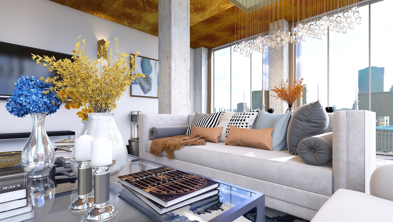 Большая гостиная с золотым потолком