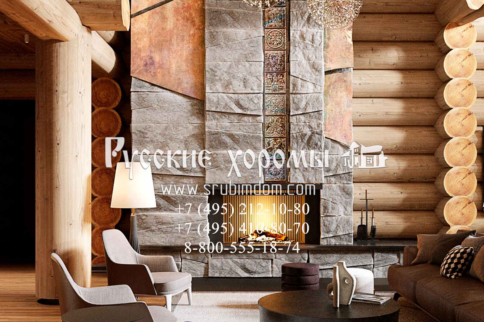 Гостиная с камином в кедровом доме