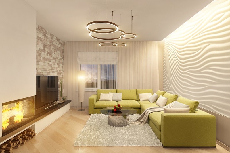 Гостиная с камином и круглой колонной