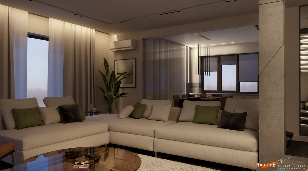 Объединенная гостиная-кухня с современной лестницей на 1 косоуре в загородном до