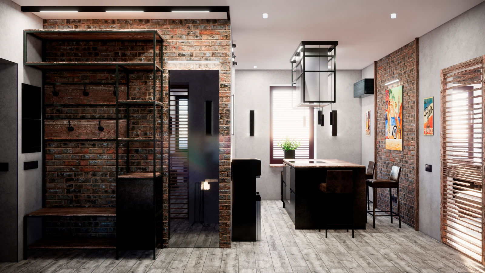 Квартира в Москве в стиле лофт, кухня, холл, санузел, кладовая. 2020 г.