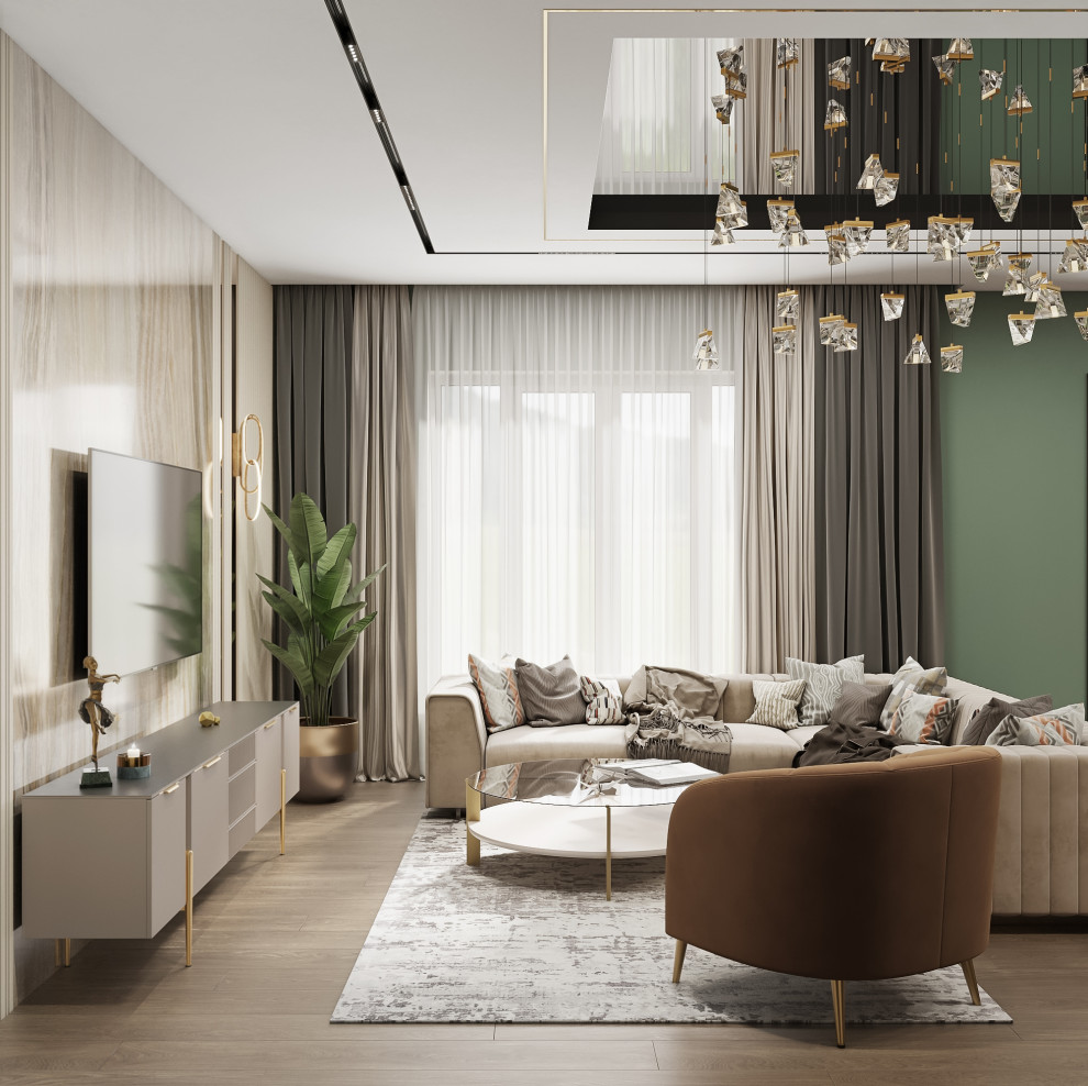 Просторная гостиная с акцентным потолком