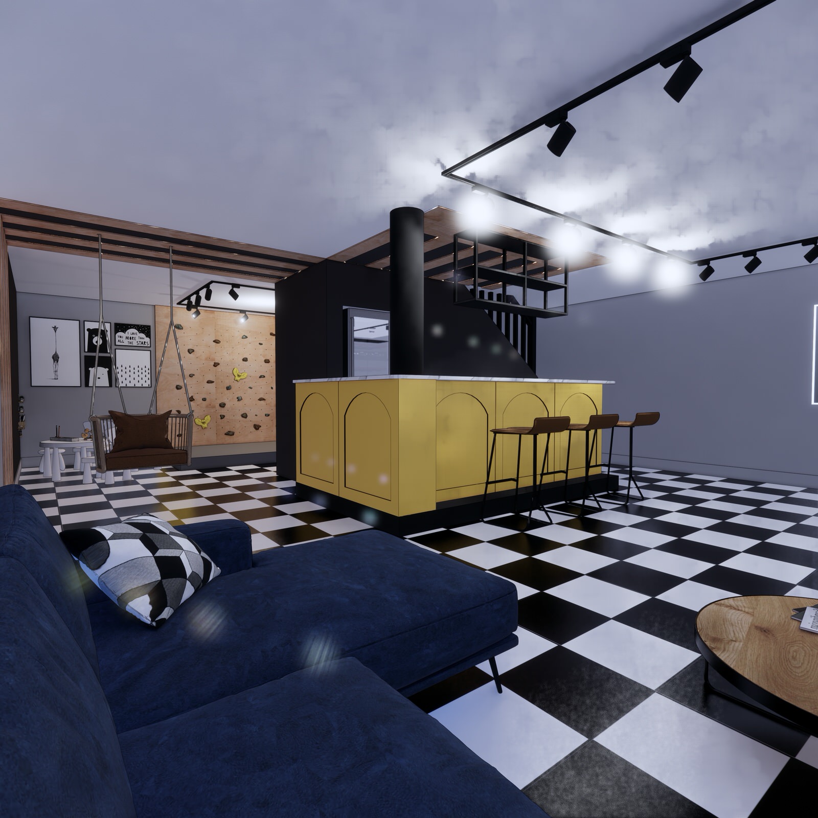 Цокольный этаж с черно-белым полом