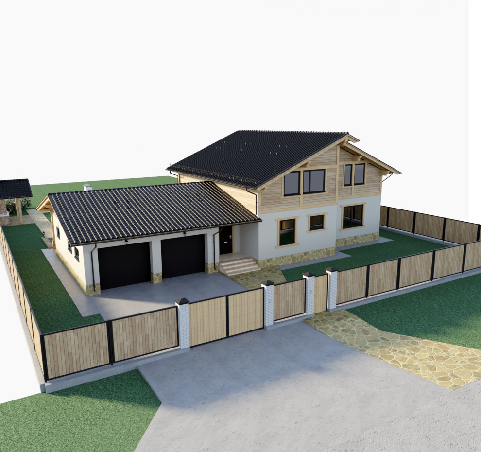 Визуализация решения по благоустройству вокруг дома. Пристройка к дому.