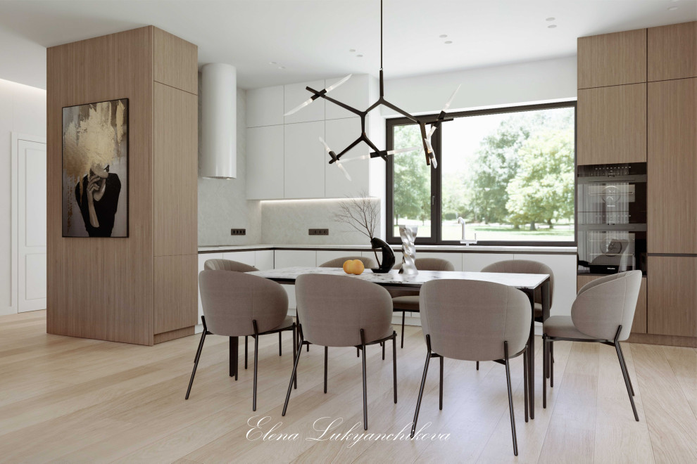 Интерьер гостиной-кухни в частном доме КП Репино Парк, ЛО.