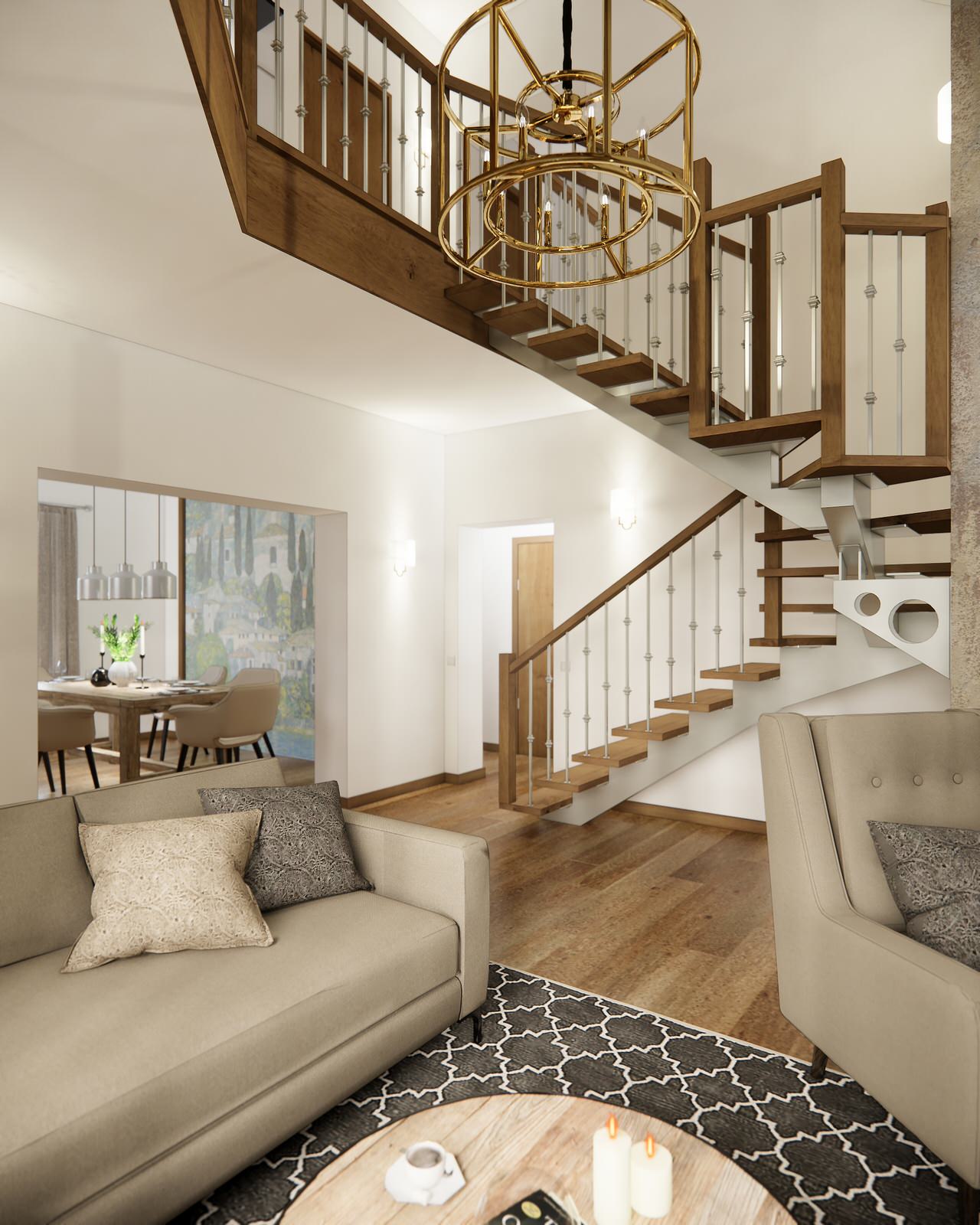 Дом в немецком стиле: кухня и гостиная с камином и лестницей