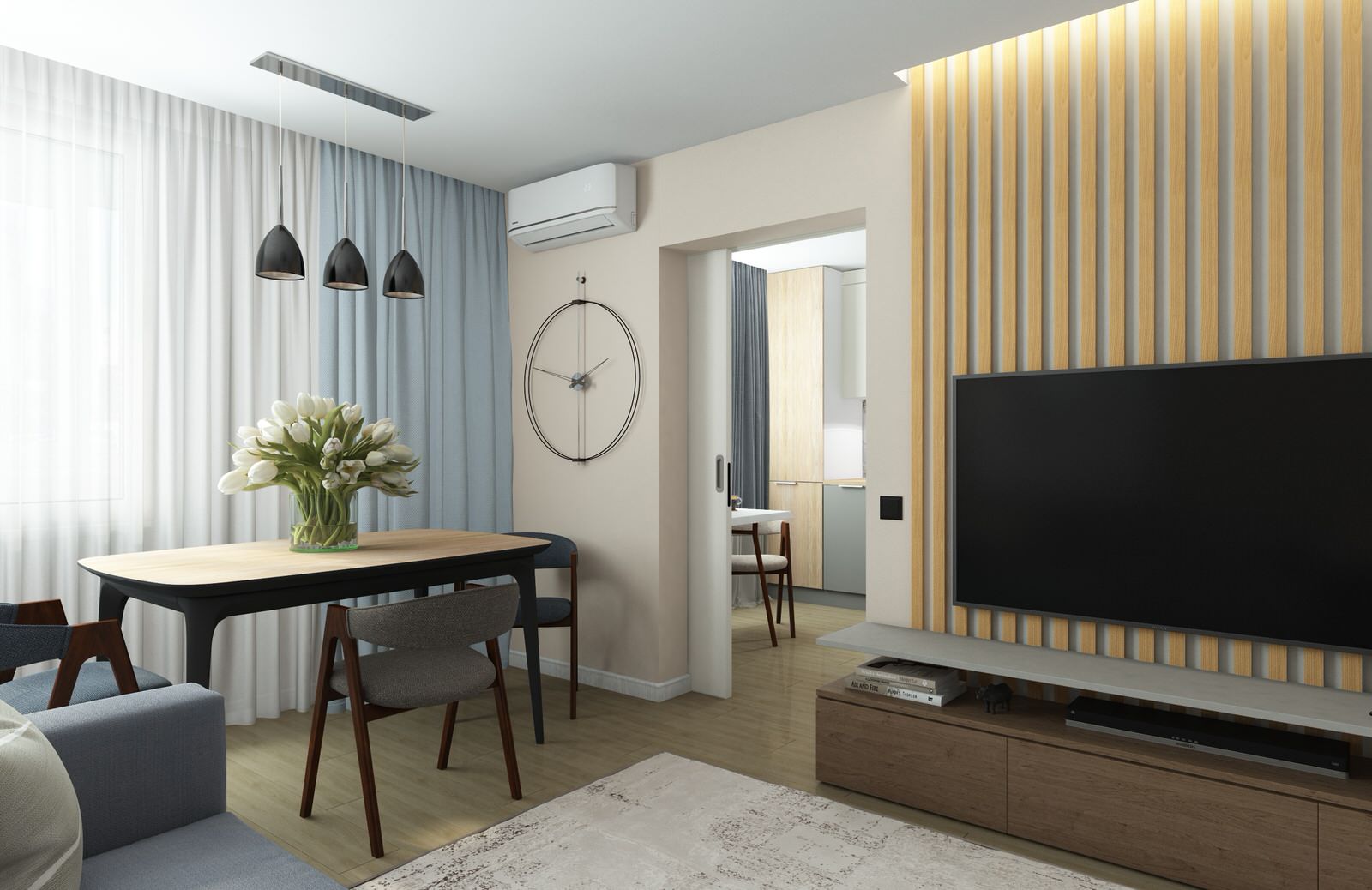 Гостиная из проекта трехкомнатной квартиры для молодой семейной пары с ребенком