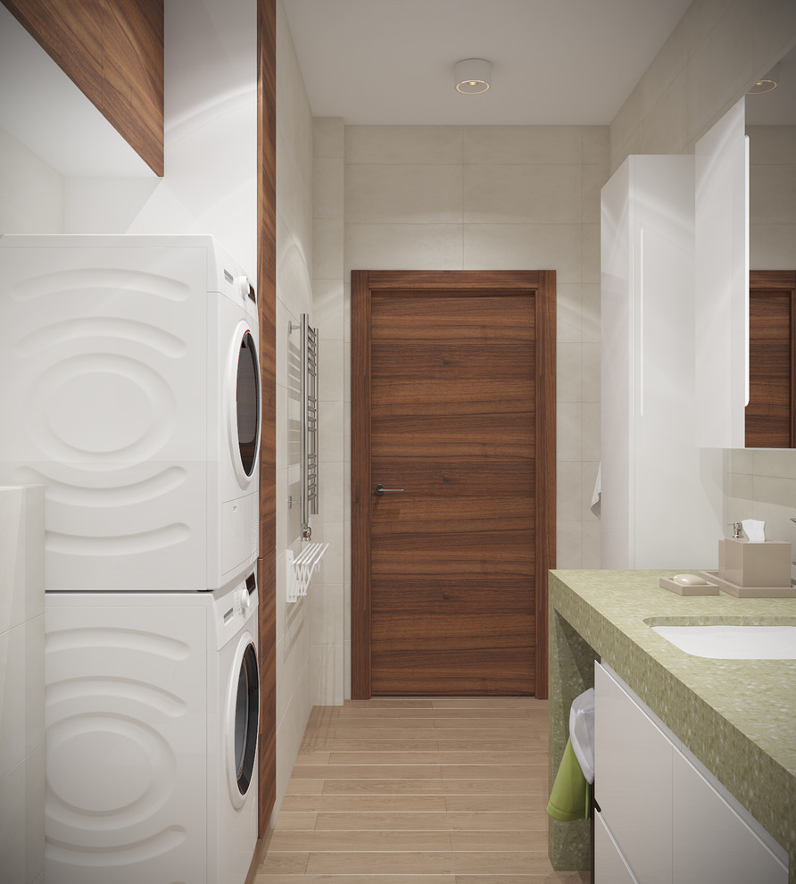 Скандинавский Минимализм. Стиральная и сушильная машины стоят колонной. Раковина