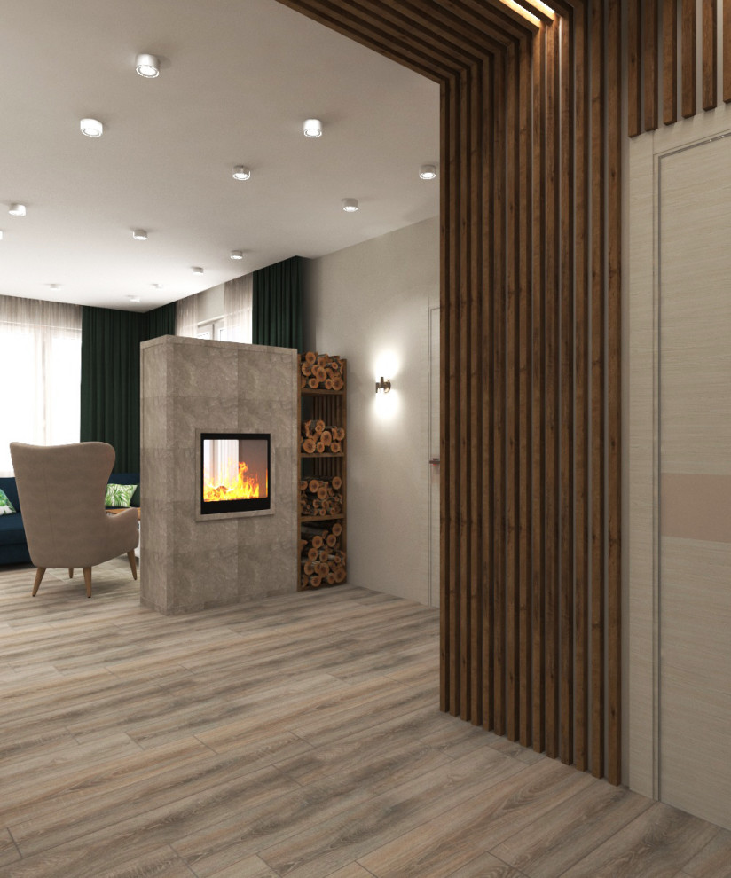 Дизайн кухни-гостиной с тропическими обоями