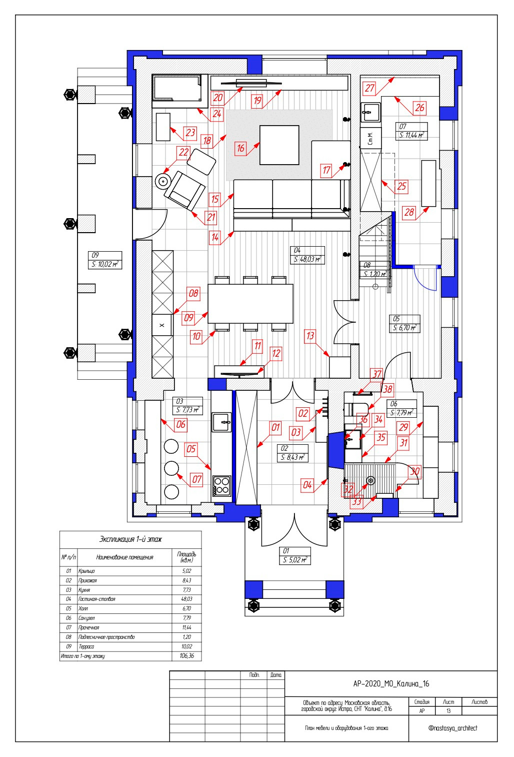 План мебели и оборудования 1-ый этаж Главного дома
