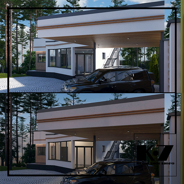 Экстерьер гостевого дома с консольным навесом на две машины и забором