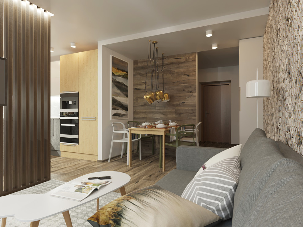 Дизайн объединенного пространства кухни-гостиной для молодой пары, 1 вариант