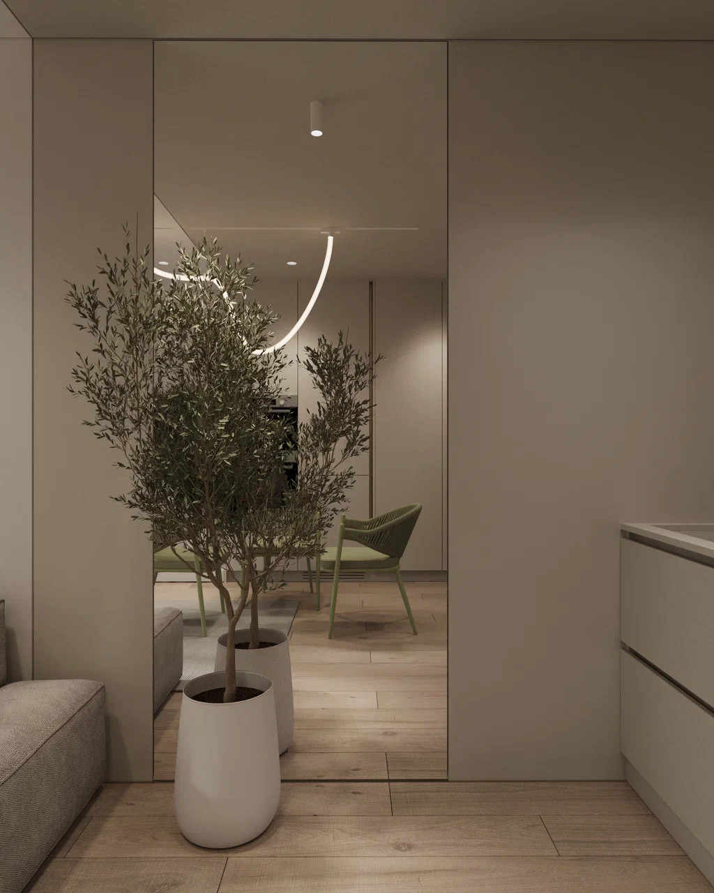 Дизайн кухни-гостиной с акцентным оливковым