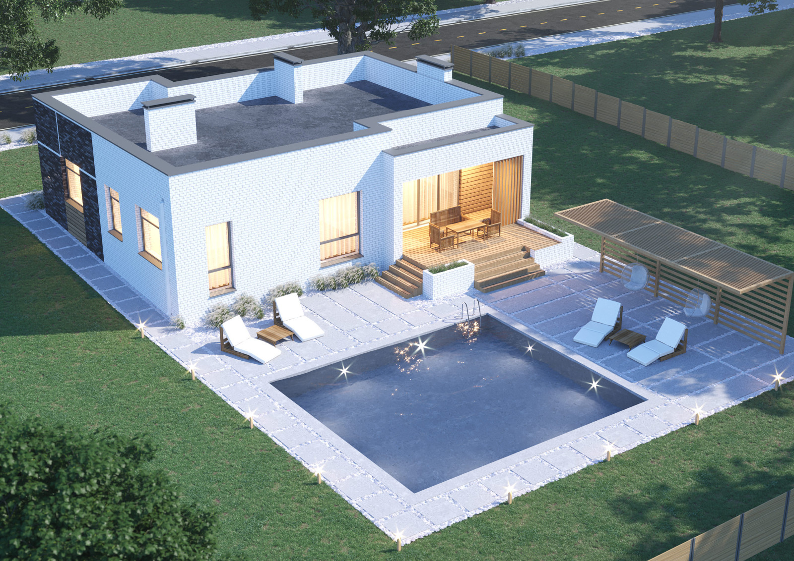 Проект 1-этажного 4-комнатного жилого дома с плоской крышей (флэтхаус)