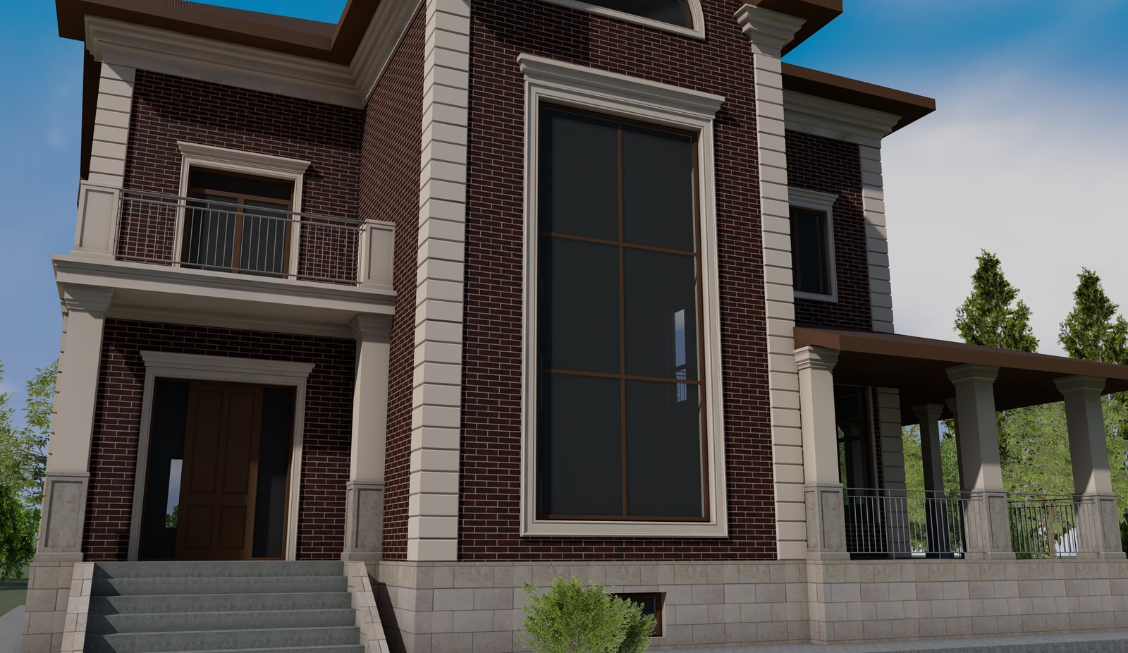 Фасады загородного дома и гаража в коттеджном поселке