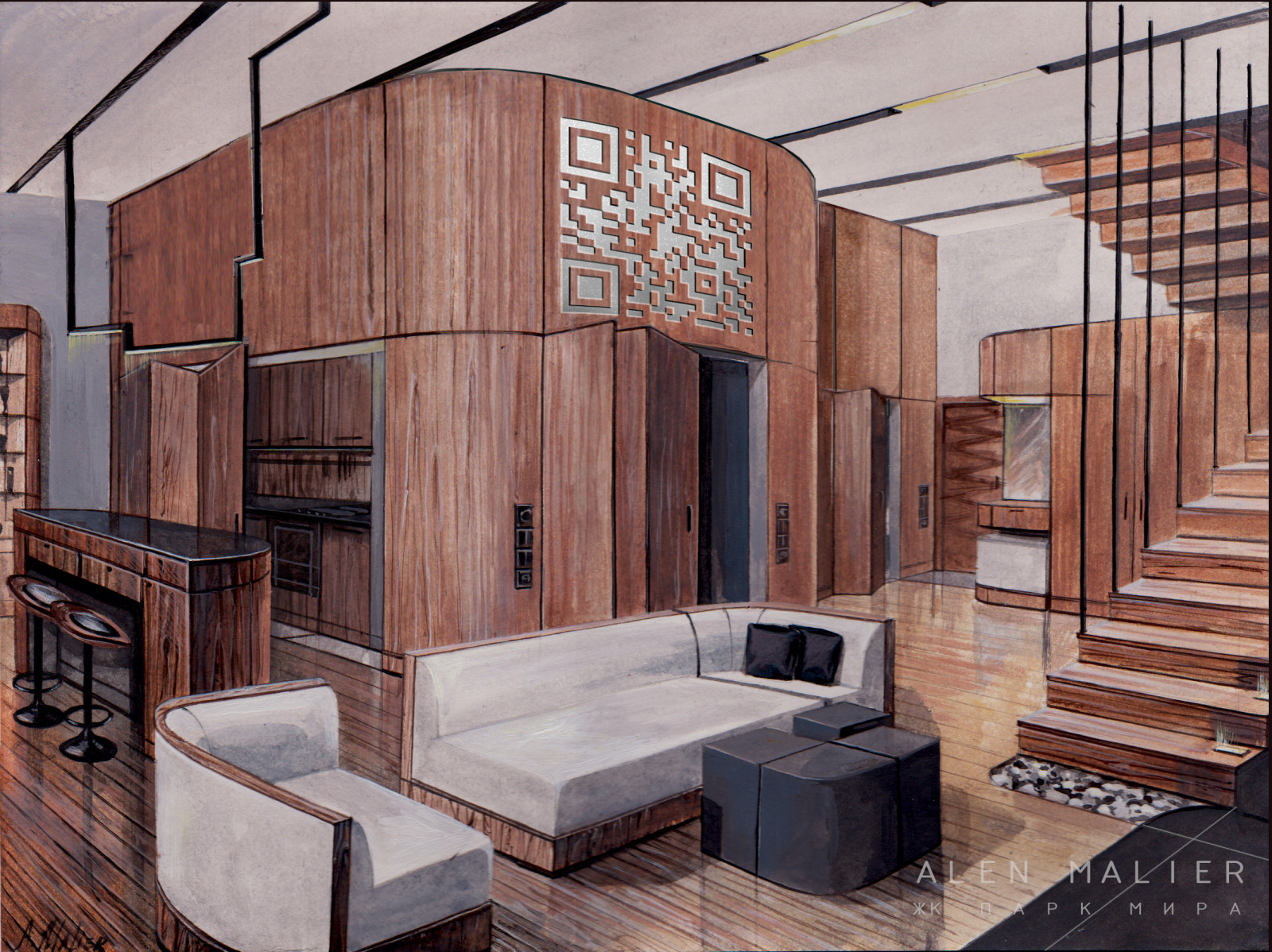 Интерьер в стиле яхты с QR-кодами лофт 46 м2 на 2 этажа