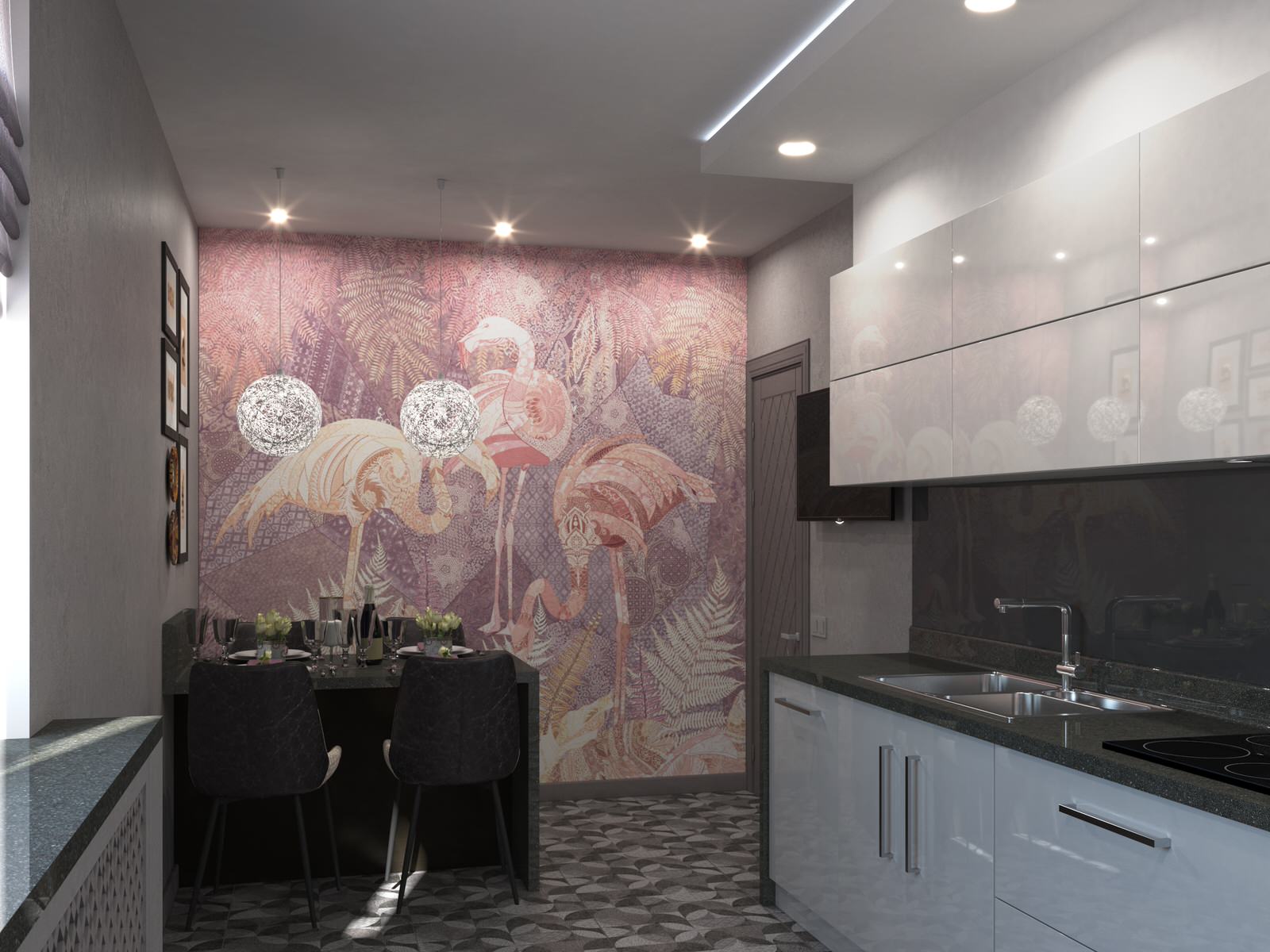 Кухня с акцентной стеной в частном доме