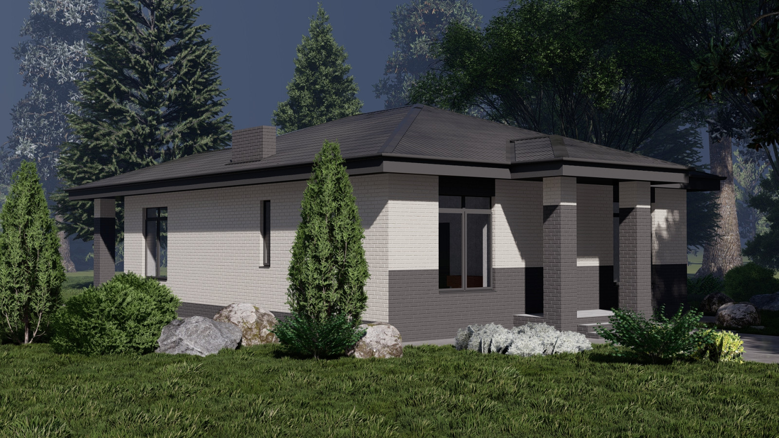 Одноэтажный дом с двумя спальнями, кабинетом и кухней-столовой (107 м2)