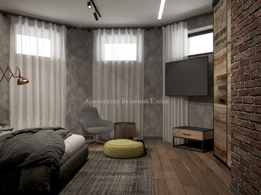 Интерьер спальни с ванной комнатой в стиле лофт