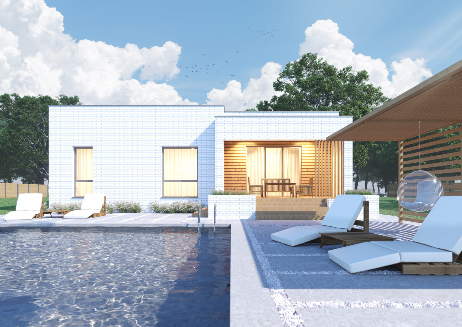 Проект 1-этажного 4-комнатного жилого дома с плоской крышей (флэтхаус)