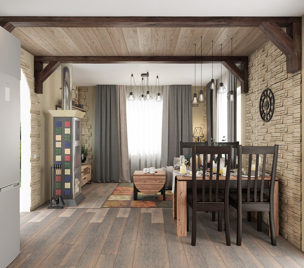 Дизайн-проект кухни гостиной с печью-камином