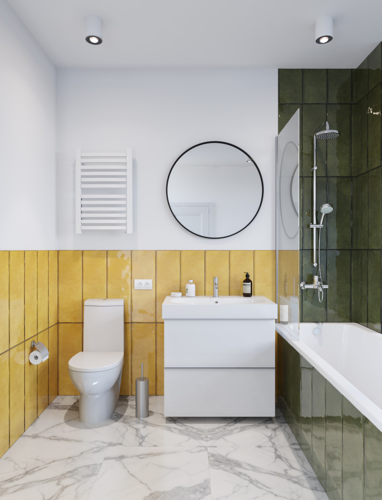 Дизайн интерьера ванной комнаты в квартире в стиле авангард желтого цвета