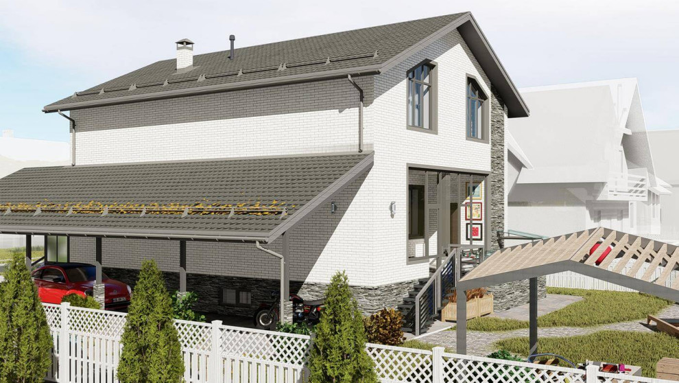 Проект дома с мансардой и гаражом в цокольным этаже