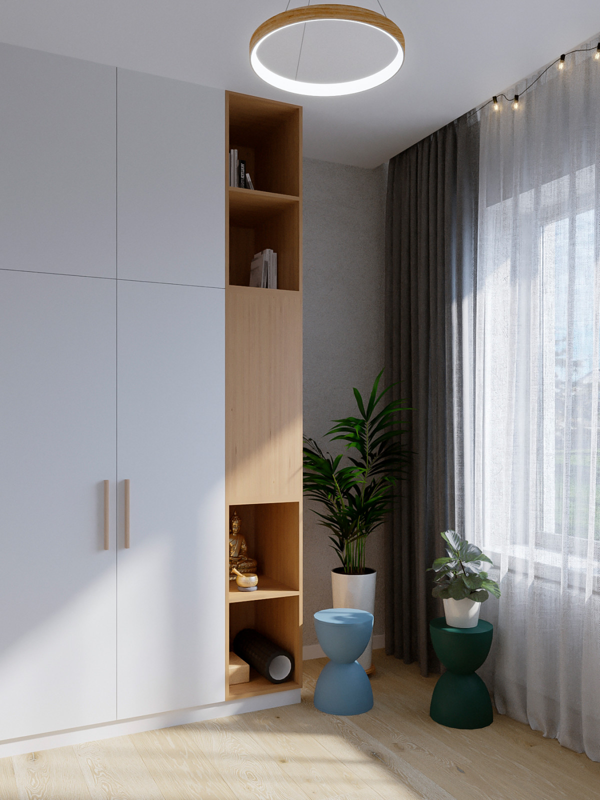 Современный интерьер дома с акцентами лестного цвета