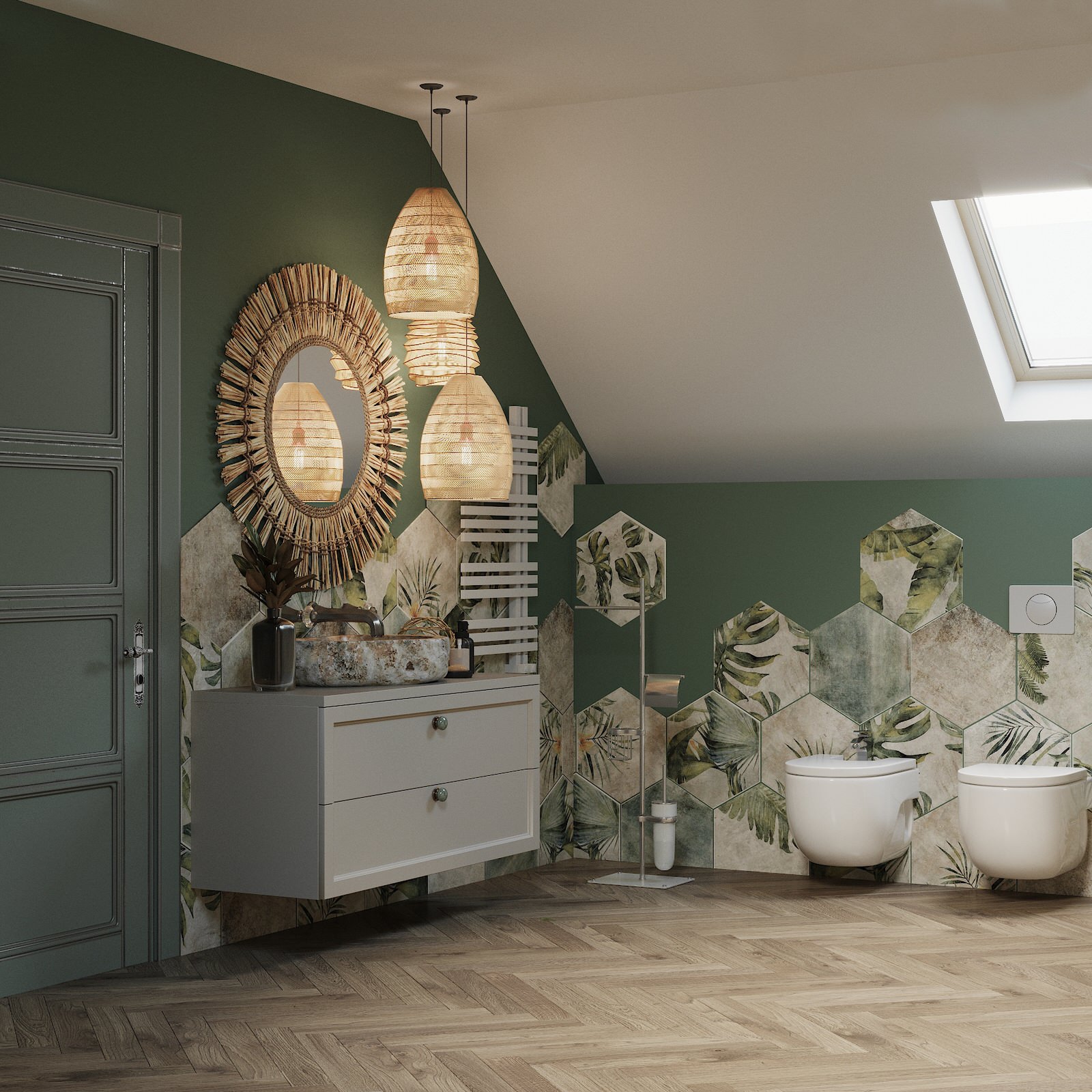 Санузел на мансарде в эко стиле.