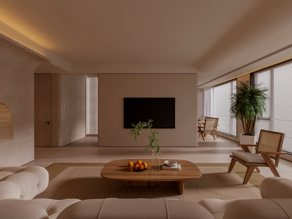 кухня-гостиная в тёплом стиле.