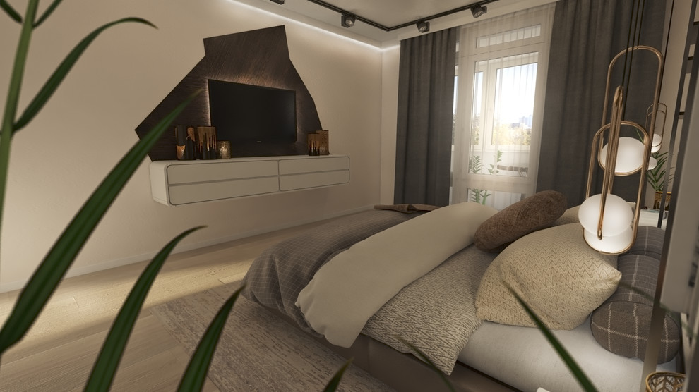 Спальня с гардеробной для молодой пары.