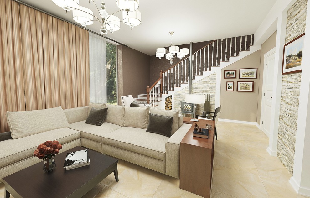 Гостиная с лестницей и камином