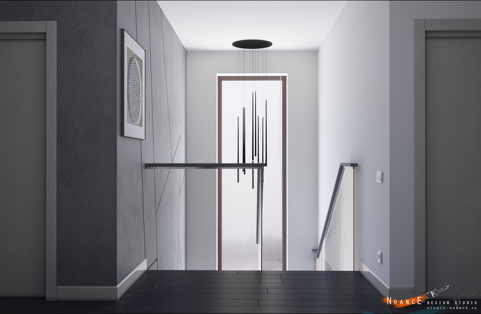 Объединенная гостиная-кухня с современной лестницей на 1 косоуре в загородном до