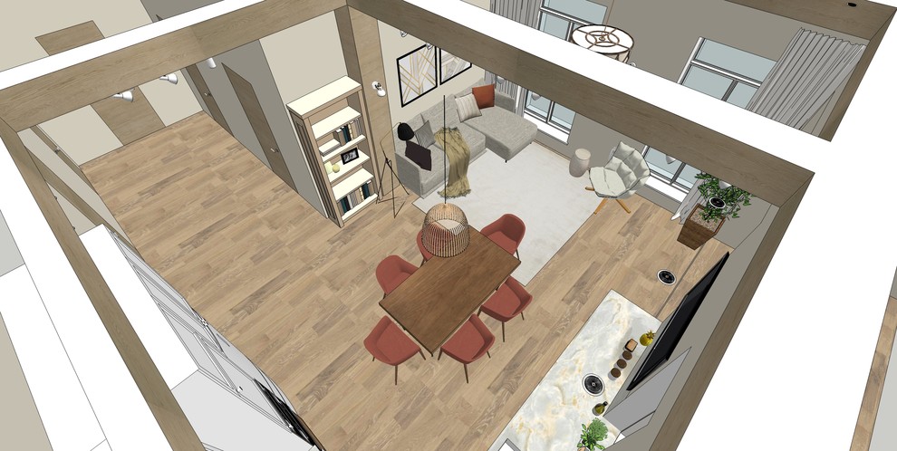 Деревянные балки в современной кухне-гостиной